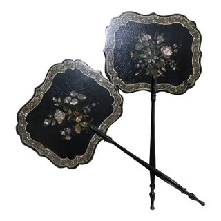 Elegant Pair Antique Victorian Era Papier Mache Face Screens For Sale