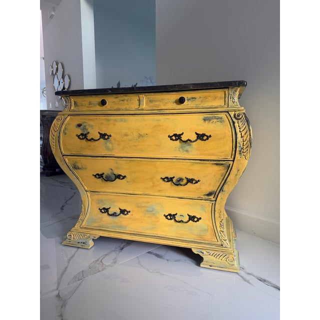 2000 - 2009 French Provincial Bombe Commode With Marble Top in Distressed Mustard Finish For Sale - Image 5 of 14