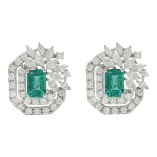 1.81ct Emerald With 1.81ct Diamond Cluster Floral Earrings in 14k Gold- 2 Pieces For Sale