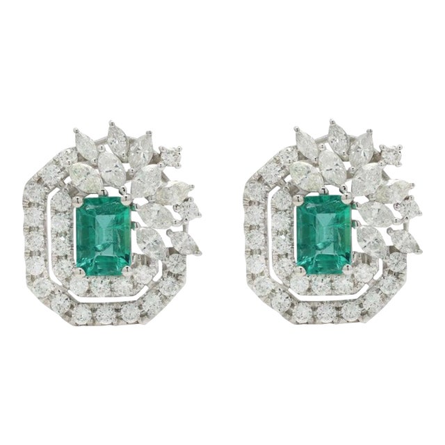 1.81ct Emerald With 1.81ct Diamond Cluster Floral Earrings in 14k Gold- 2 Pieces For Sale