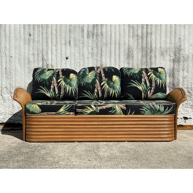 Vintage Coastal Palm Print Rattan Sofa For Sale - Image 11 of 12
