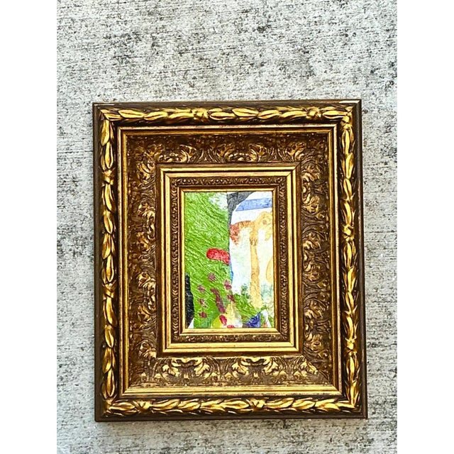 This dynamic vintage abstract oil painting on canvas presents an energetic composition encased within an elaborate,...