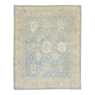 Hand-Knotted Modern Oushak Wool Rug in Soft Sky Blue, Cream & Muted Teal For Sale