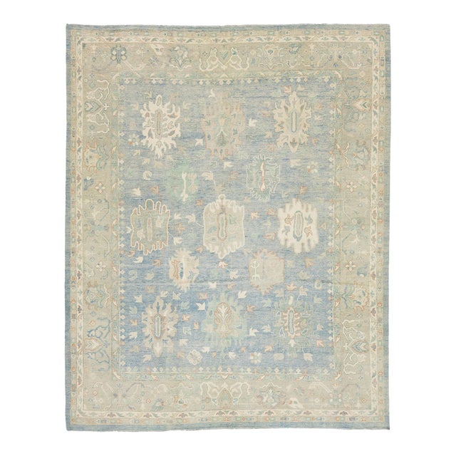 Hand-Knotted Modern Oushak Wool Rug in Soft Sky Blue, Cream & Muted Teal For Sale