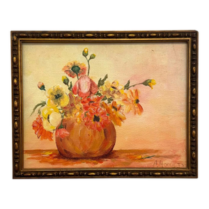 Vintage Floral Still Life Oil Painting – Signed A. Hoodless – Framed Impressionist Flower Art
