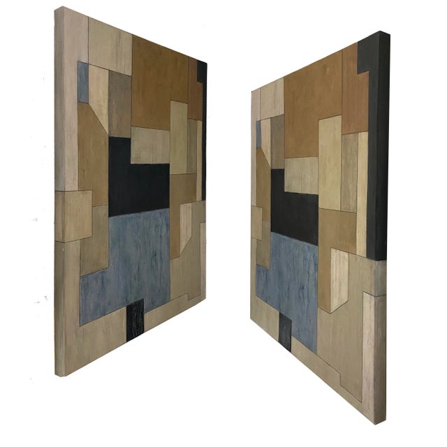 A recent painting concentrating on geometric shapes, unusual color combinations and textures. Oil paint, cold wax medium,...