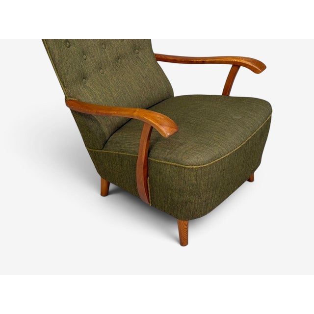 Danish Modern, Highback Lounge Chair, Elm, Wool, Denmark, 1950s For Sale - Image 9 of 12
