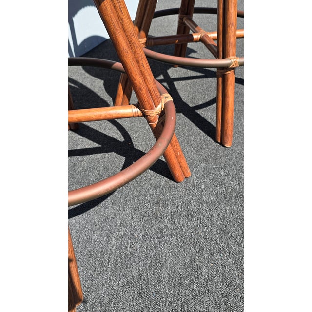 Pair of Vintage McGuire Bamboo Woven Leather Swivel Bar Stools Barstool For Sale - Image 14 of 15