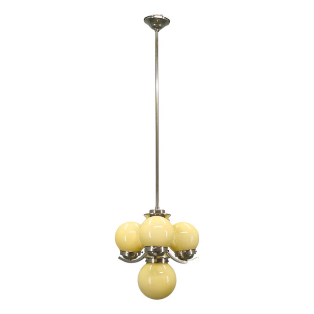 Art Deco Chrome and Opaline Glass Chandelier, 1930s For Sale