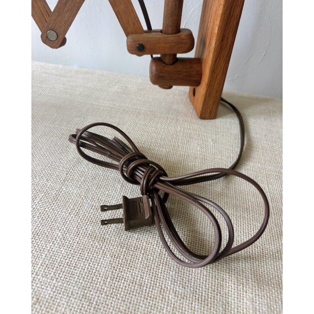 Vintage Wood Scissor Lamp Danish Style W/ Wicker Shade For Sale - Image 15 of 15