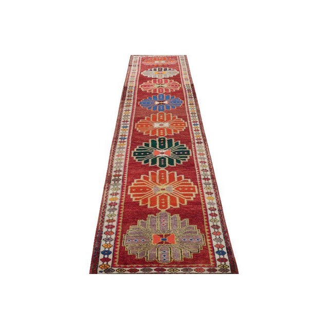 Mid-Century Modern 1950s Mid-Century Runner Geometric Vintage Red Rug For Sale - Image 3 of 7