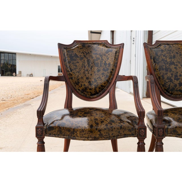 Wood Early 20th Century Federal Style Shield Back Chairs With Faux Tortoise Leather Seats, Pair For Sale - Image 7 of 13