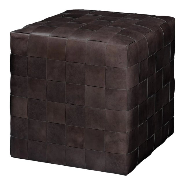 Jamie Young Woven Leather Ottoman in Dark Grey For Sale