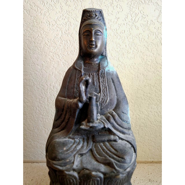 19th Century Chinese Bronze Seated Guanyin With Mark, Qing Dynasty For Sale - Image 9 of 12