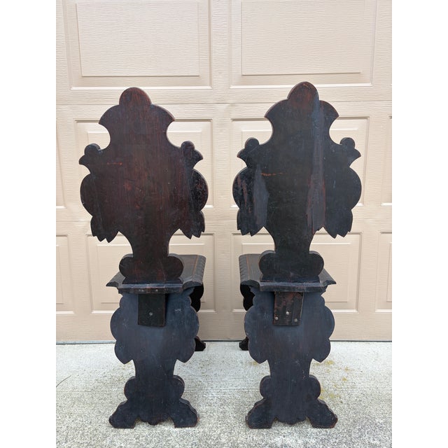 Pair of Italian Renaissance Revival Carved Walnut Hall Chairs For Sale - Image 14 of 14