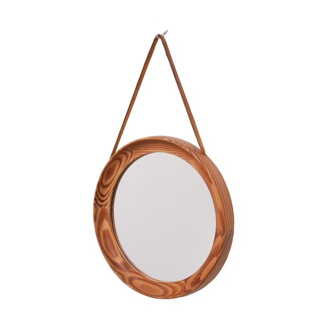 Round Pine Wall Mirror by Uno & Östen Kristiansson, Sweden, 1960s For Sale - Image 4 of 9