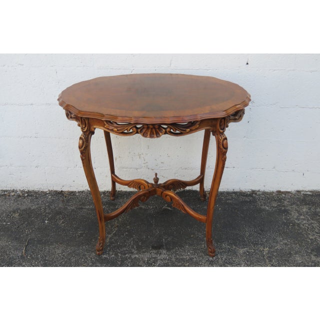 French Early 1900s Hand Carved Walnut Inlay Side End Center Table For Sale - Image 13 of 13