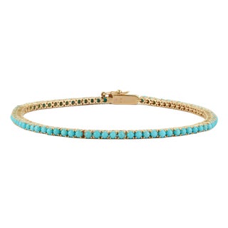 Modern Dainty Turquoise 3.11ct Gemstone Tennis Bracelet in 14k Solid Gold For Sale