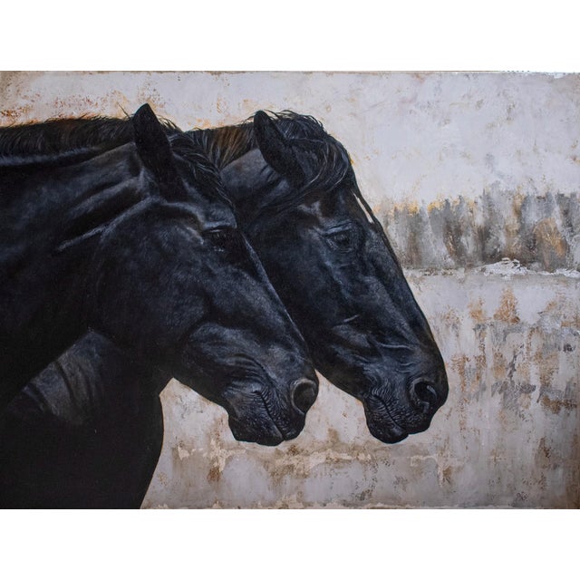 Shadows by Andrada Trapnell | Mixed media on canvas Two black horses against a textured background For Sale