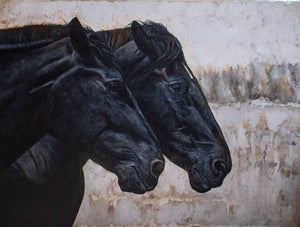 Shadows by Andrada Trapnell | Mixed media on canvas Two black horses against a textured background