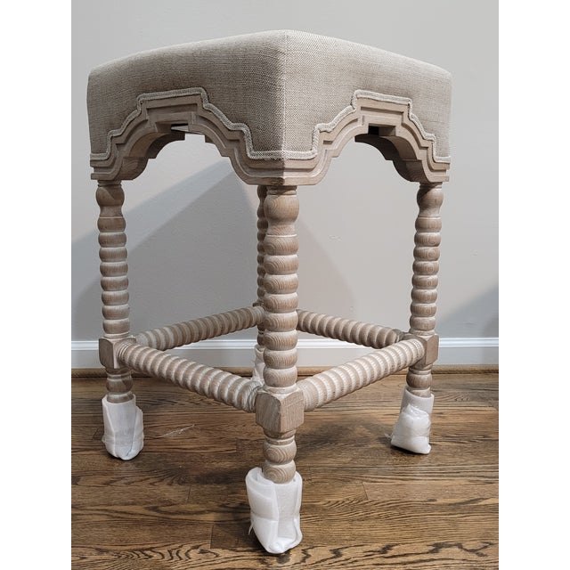 Beige Essentials for Living French Linen Country Bisque Rue Square Counter Stool For Sale - Image 8 of 8