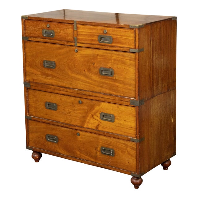 English 19th Century Teak Campaign Chest with Five Drawers and Brass Hardware For Sale
