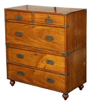 English 19th Century Teak Campaign Chest with Five Drawers and Brass Hardware