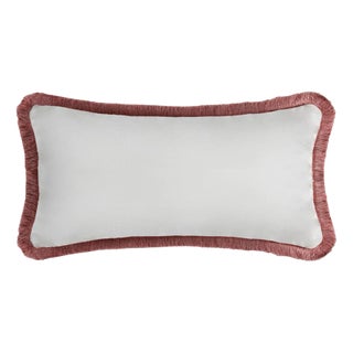 White with Light Pink Fringes Happy Linen Pillow by LO DECOR for Lorenza Briola For Sale