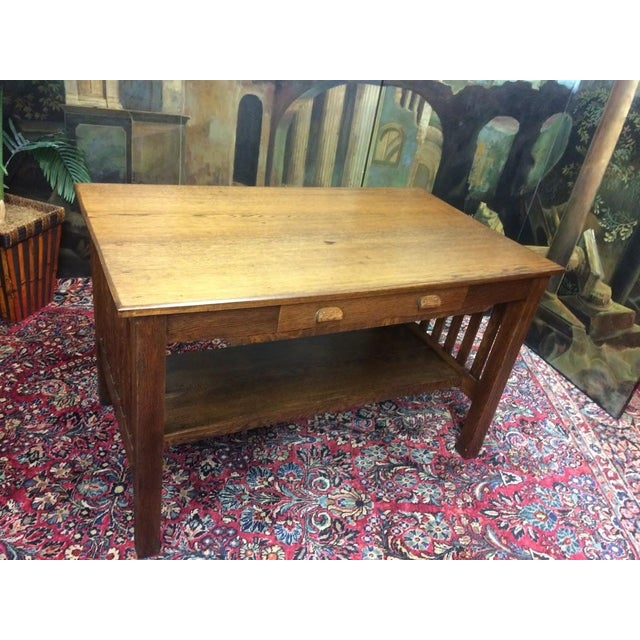 Item: Antique Oak Mission Desk. Age & Condition: Circa 1910. Good, refinished condition. Dimensions: 49.5″ wide x 29″ deep...