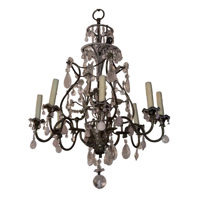 1940s Maison Baguès Rock Crystal & Rose Quartz Chandelier For Sale