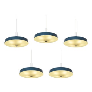 Large Mid-Century Pendant Lamps in Painted Metal and Opaline Glass, 1960, Set of 5 For Sale