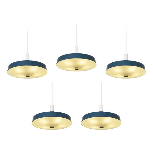 Large Mid-Century Pendant Lamps in Painted Metal and Opaline Glass, 1960, Set of 5 For Sale