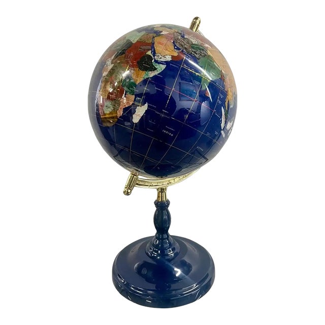 20th Century Lapis Blue Gemstone World Globe With Gilt Meridian Stand For Sale