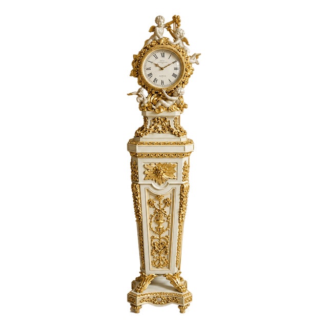 Grand French Louis XVI-Inspired Pedestal Clock – White Finish With Gold Leaf, Bronze Details & Sculpted Cherub Crest For Sale