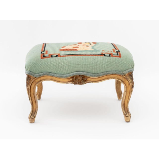 Green Signed Spaniel Motif Needlepoint Footstool, 1974 For Sale - Image 8 of 8