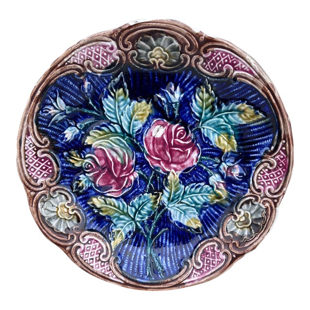 Majolica Roses Plate Wasmuel, Circa 1890 For Sale