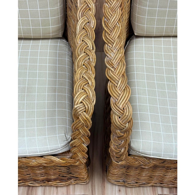 Vintage Braided Wicker Club Chair Pair With Ottoman For Sale - Image 13 of 16