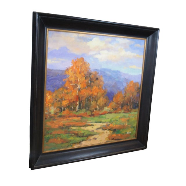 Mid 20th Century Large Ru Hui Autumn Tree Mountain Landscape