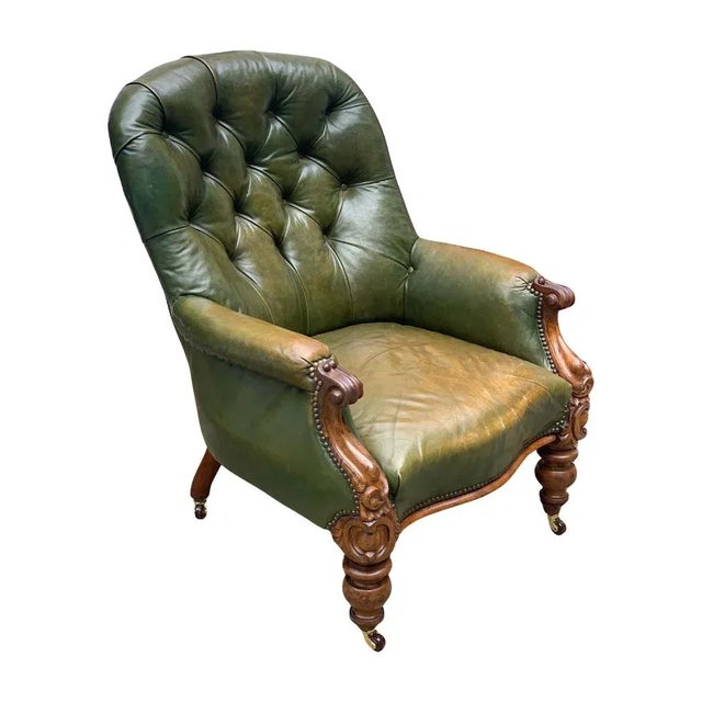 Wood Victorian Chesterfield Chair in Green Leather For Sale - Image 7 of 9