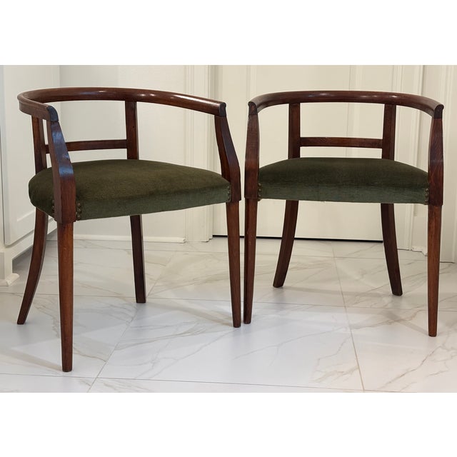 Mid-Century Modern Petite Scale Mid-Century Italian Walnut Horseshoe Rail Back Armchairs - A Pair For Sale - Image 3 of 18