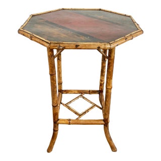 Antique Chinoiserie Style Hand-Painted Scorched Bamboo Side Table For Sale