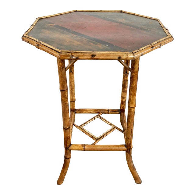 Antique Chinoiserie Style Hand Painted Scorched Bamboo Side Table For Sale