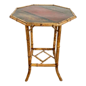 Antique Chinoiserie Style Hand Painted Scorched Bamboo Side Table