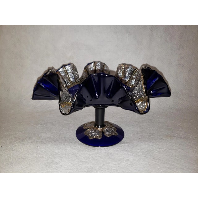 Mid-Century Modern Vintage Morocan Cobalt Blue Glass Pedestal Compote For Sale - Image 3 of 13