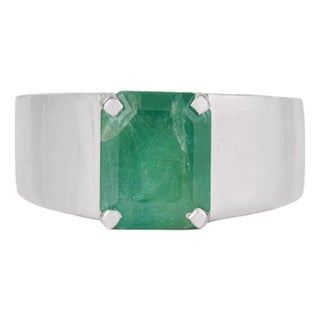 Contemporary Wide Band Octagon 2.74 Ct Green Emerald Statement Signet Ring in Silver Size 7.5 For Sale