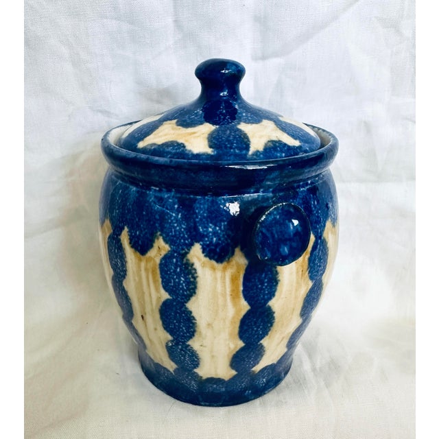 Mid 20th Century Ebeling & Reuss Blue/Tan Stoneware Canister For Sale - Image 5 of 7