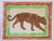 Expressionist painting of a yellow-orange and sepia tiger set in a green and pink border.Tropical and whimsical. Abstract...
