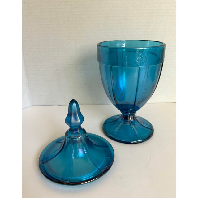 Early 20th Century Iridescent Peacock Blue Lidded Pedestal Candy Jar, Attributed to Fenton For Sale In Los Angeles - Image 6 of 11
