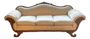 Vintage Duncan Phyfe-Style Victorian Camelback Sofa With Floral Carvings and Carolyn Fabrics Reupholstery
