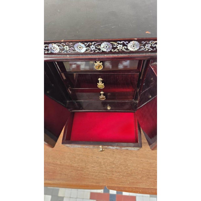 Vintage Chinese Mother of Pearl Jewelry Cabinet Lacquer Wood Inlaid Peacock Bird Miniature Chest Drawers Asian Decor For Sale - Image 10 of 12